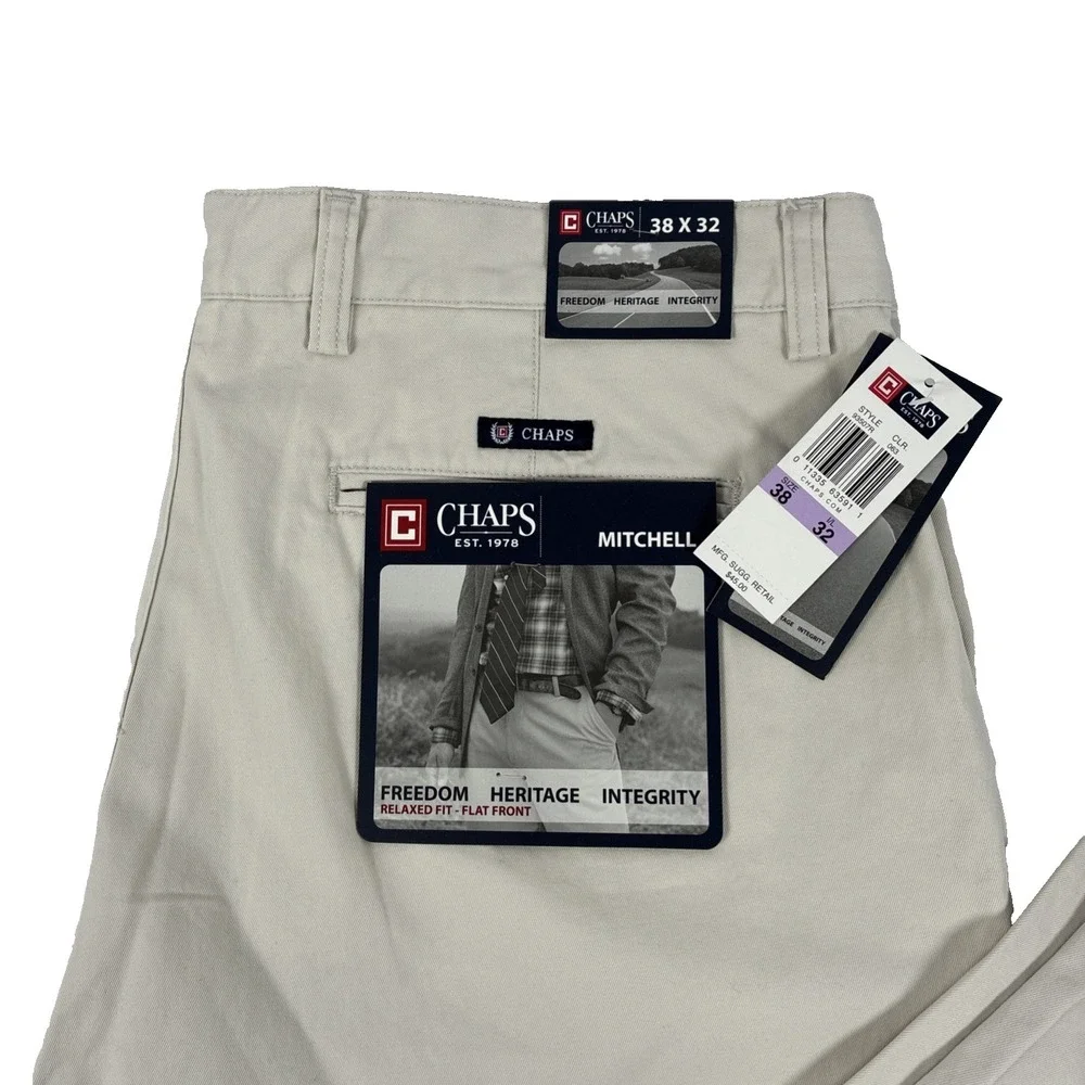 Y2K Mens Chaps Mitchell Relaxed Fit Flat Front Cream Chino Pants Size 38x32 NWT